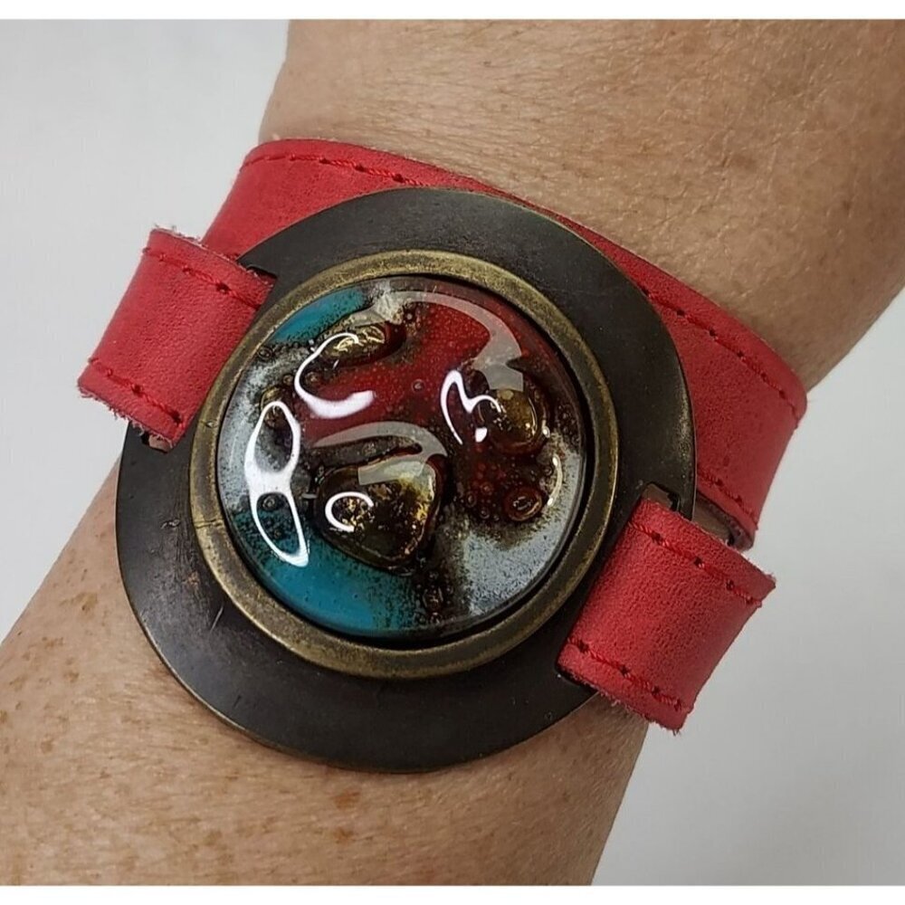 CRISTALIDA Wrap Bracelet Red Leather Brass Fused Glass 2" x 16.5" Boutique Art